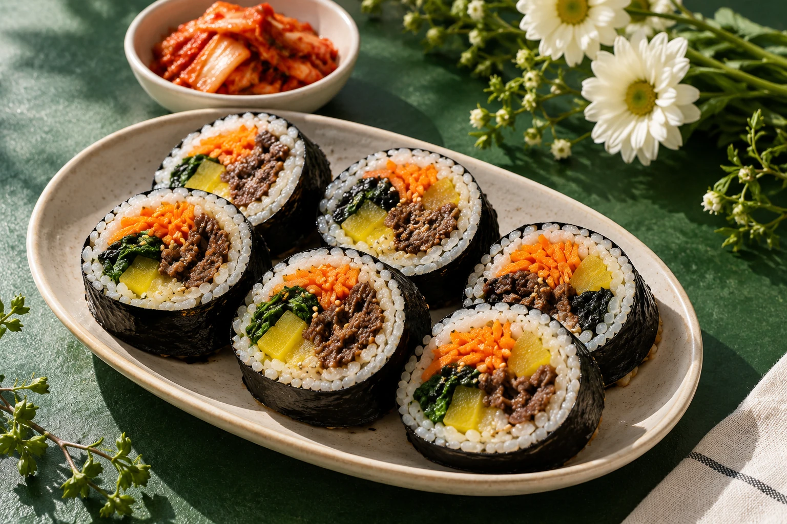 Illustrative still life of Korean prepared food with a small flower cue; not exact Korean BTS Market food, portion or current flower stock.